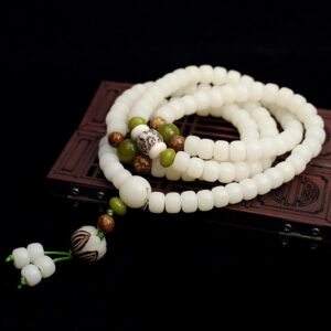FengshuiCo White Jade Bodhi Root with Bark Mala Harmony Necklace Bracelet